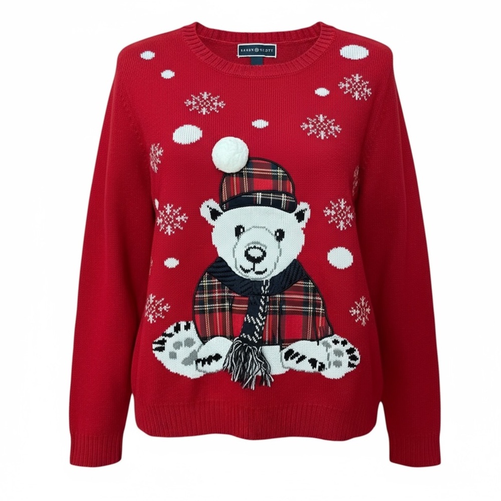 Ugly Christmas Sweater  Karen Scott XXL Plus Red and White Snow flakes Tedy Bear